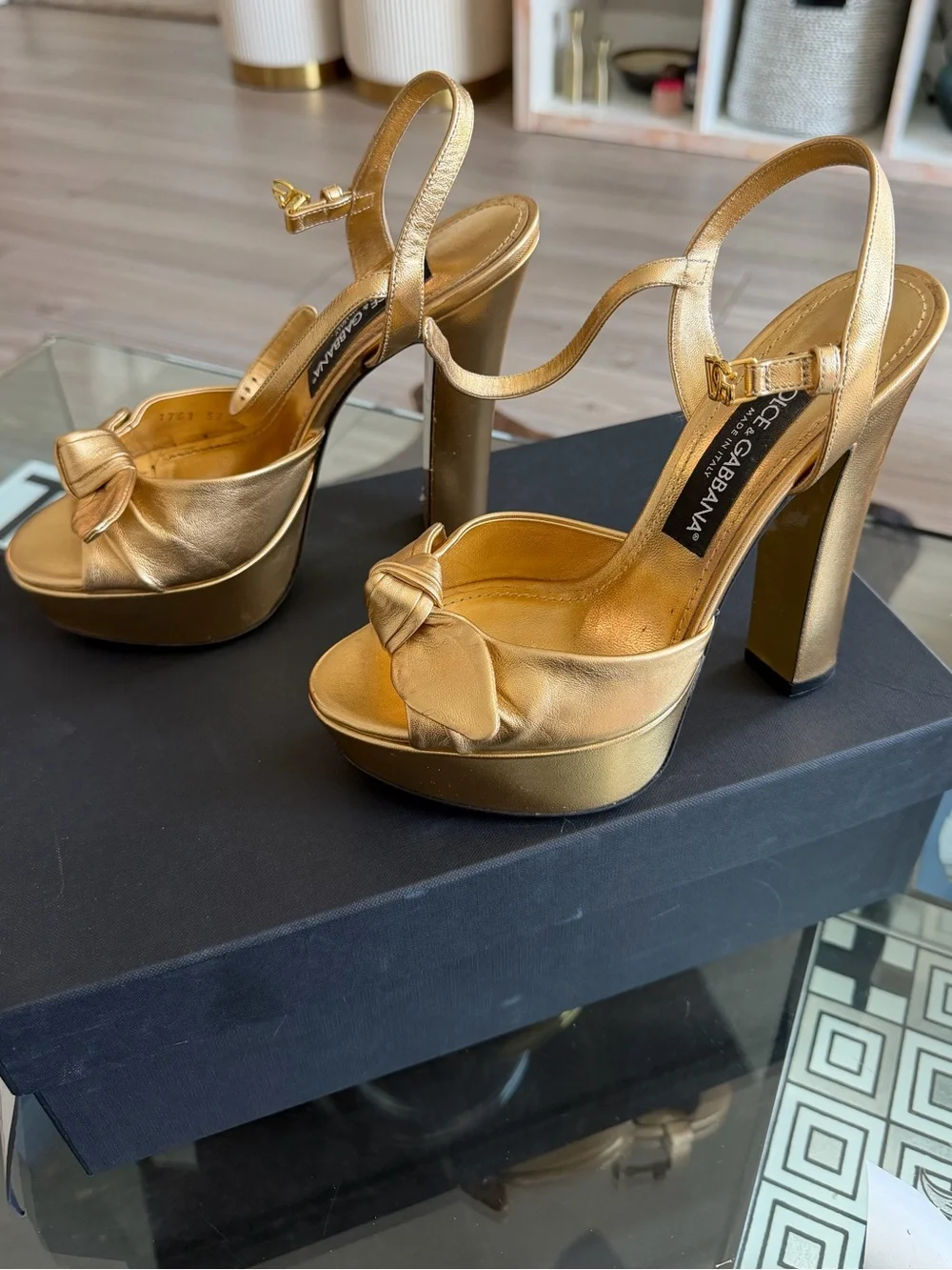 Dolce & Gabbana Bianca Bow Metallic Gold Platform Sandal Size 37